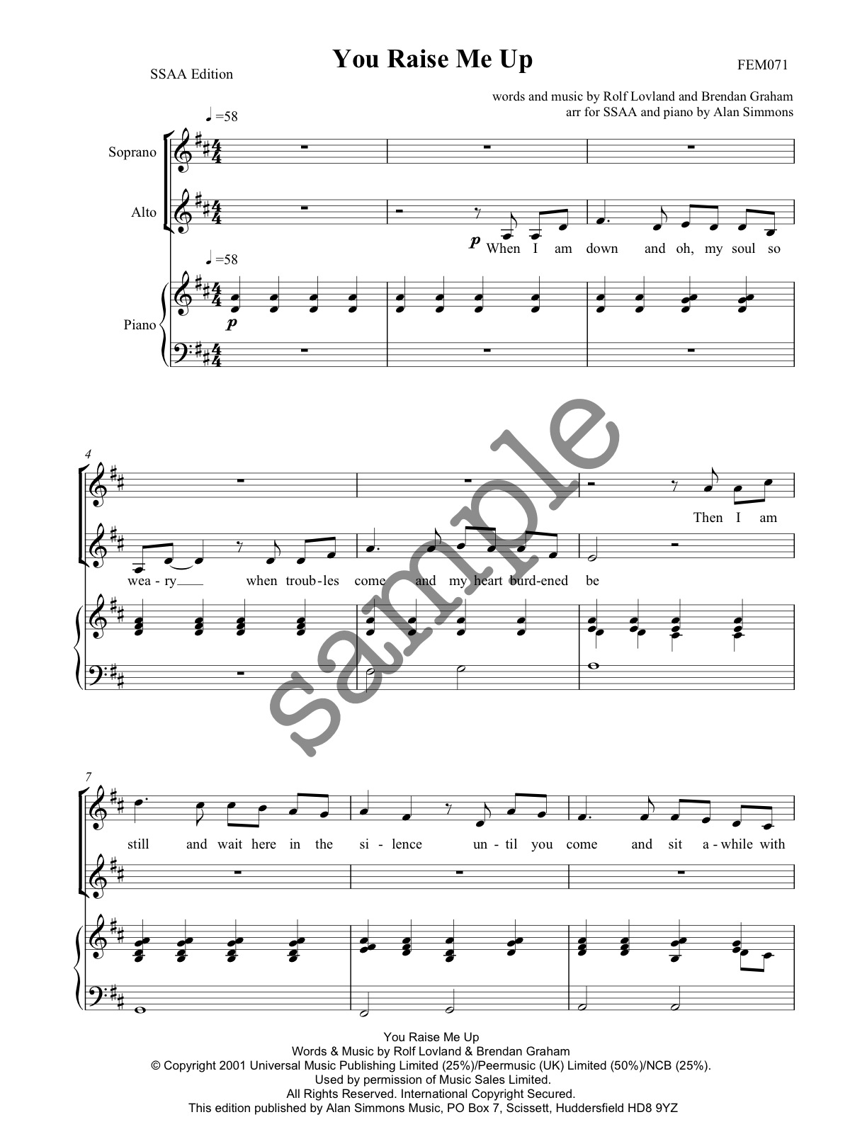 You Raise Me Up Ssa A Alan Simmons Music Choral Sheet Music For Choirs Schools